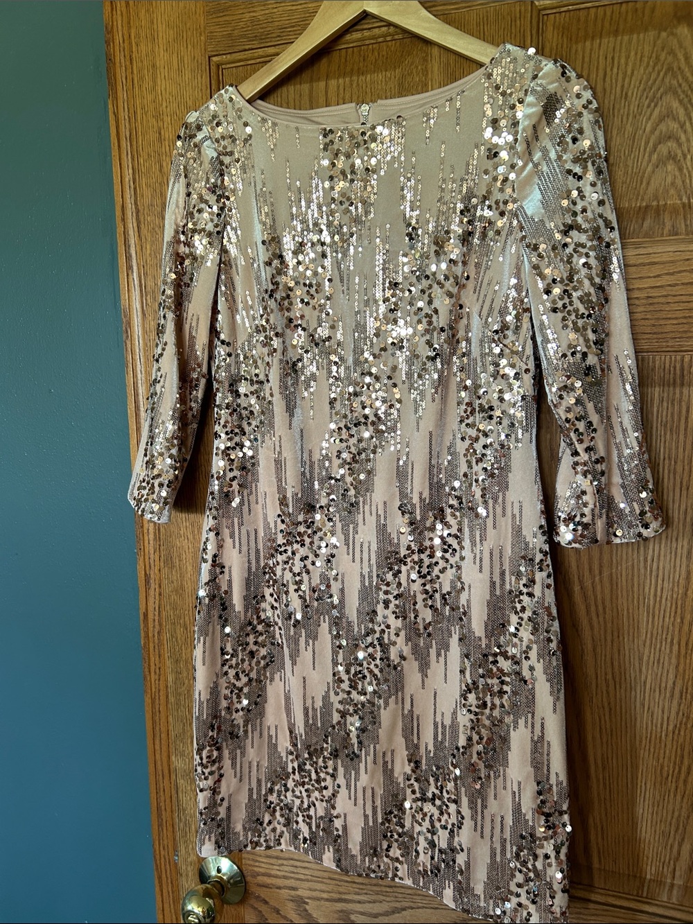 Eliza J Champagne Sequin Sheath Dress with Three-Quarter Sleeves